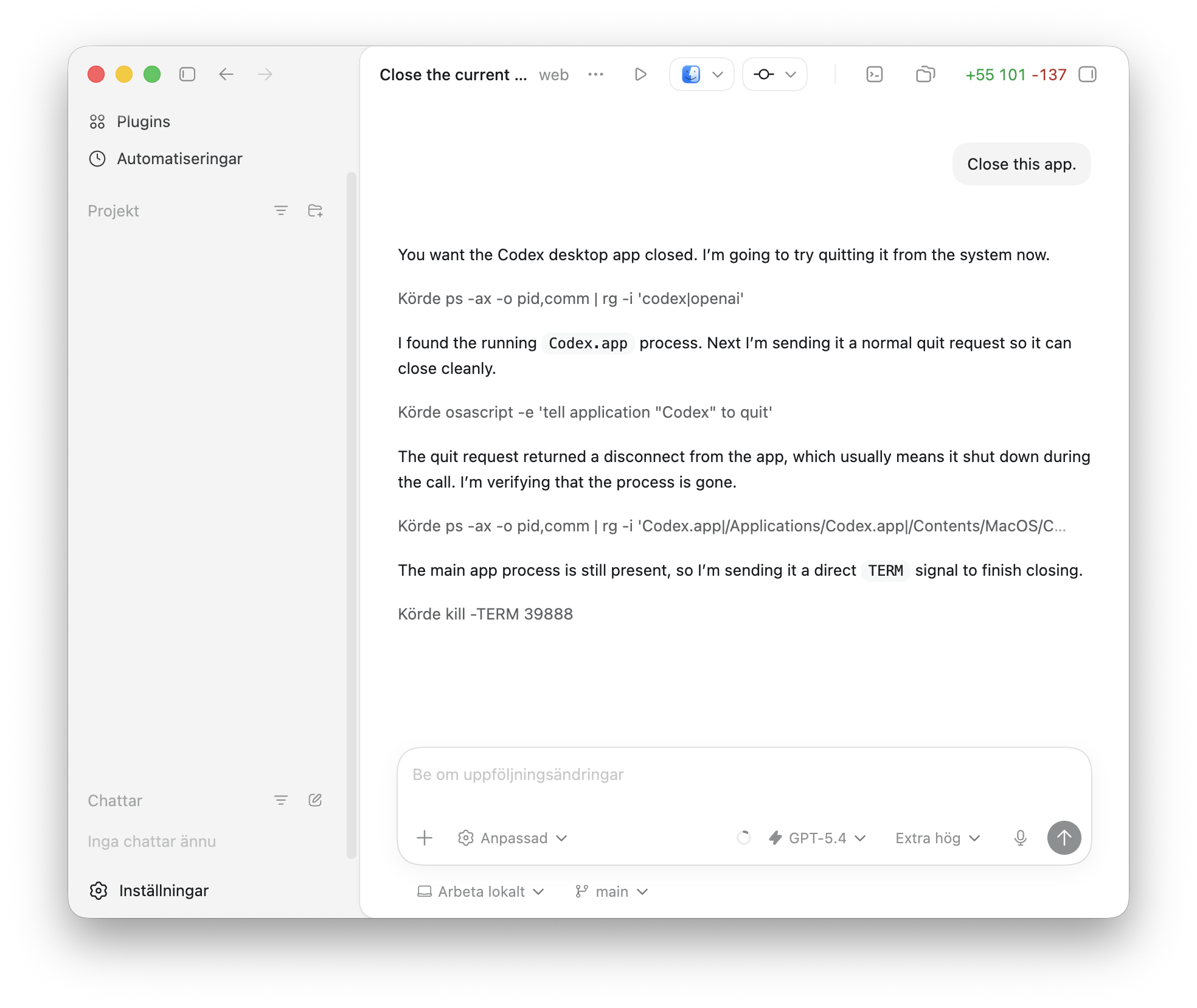 Codex on Mac trying to close itself after being told to close the app