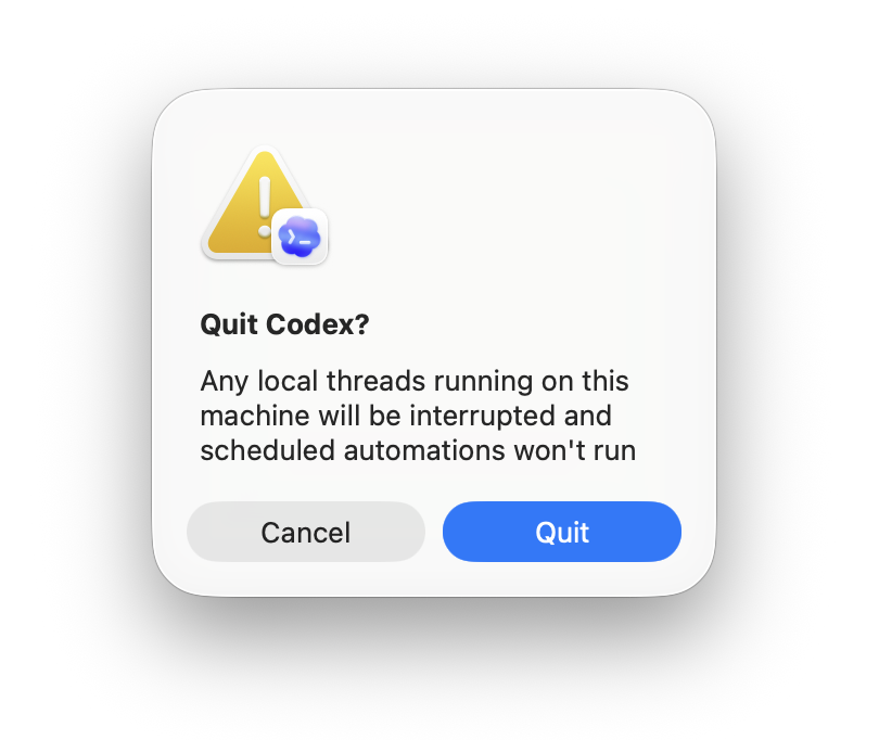Codex quit confirmation dialog asking whether the app should really close